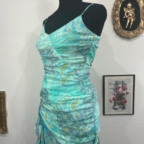 Vintage Omai "Now or Never" Aqua Ruched Handkerchief Asymmetrical Hem Dress - Picture 3 of 8